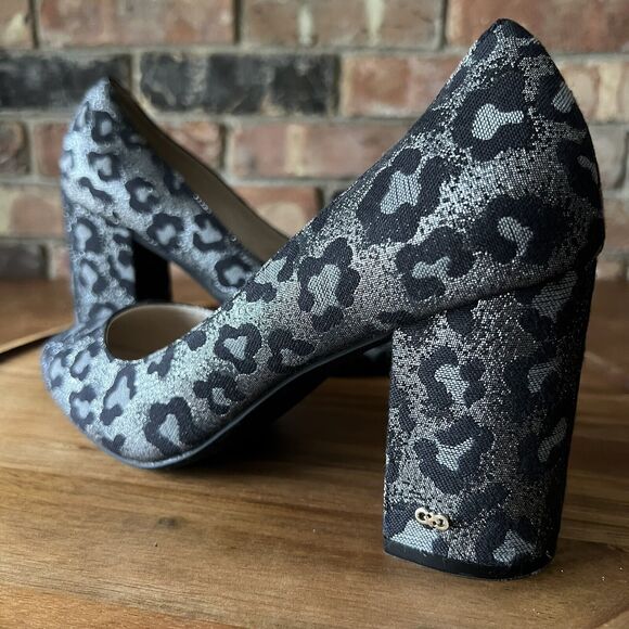 Cole Haan Alanna Brocade Pumps II Black Silver Leopard Block Heels Womens 9 B - Picture 3 of 16